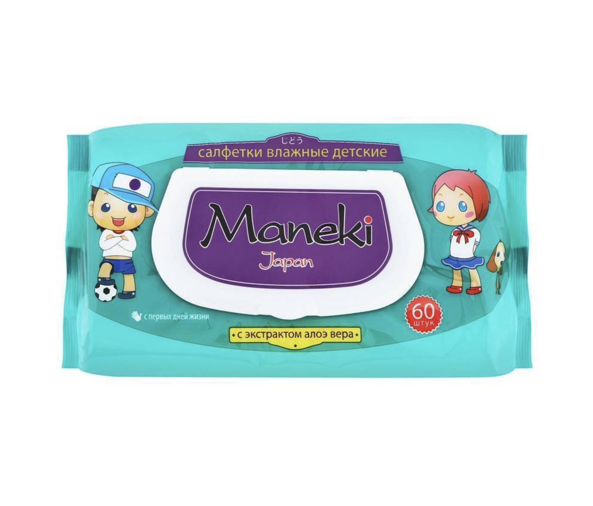 картинка Манеки / Maneki Japan - Салфетки влажные детские с экстрактом Алоэ Вера 60 шт