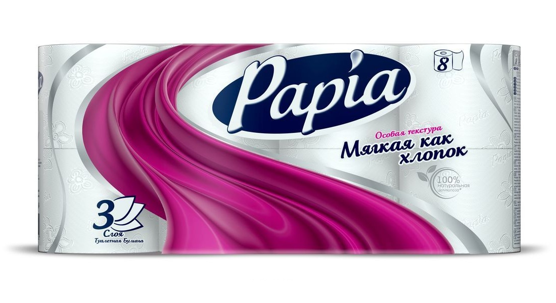 картинка Папиа / Papia - Туалетная бумага трехслойная, белая, 8 рулонов