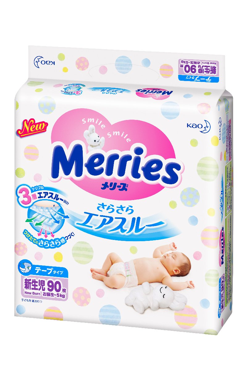 картинка Мериес / Merries Подгузники для новорожденных Размер NB (0-5 кг) 90 шт