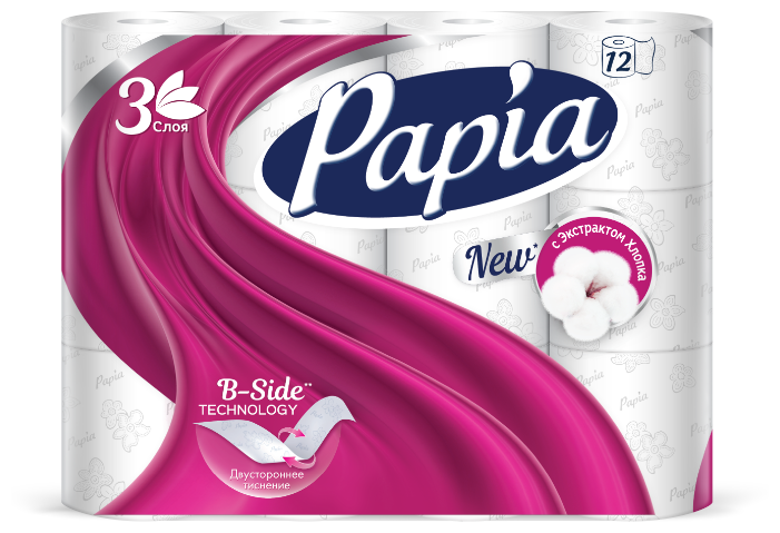 картинка Папиа / Papia - Туалетная бумага трехслойная, белая, 12 рулонов