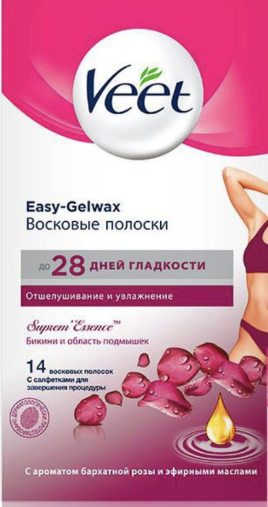 картинка Вит / Veet Easy Gelwax - Восковые полоски для бикини и подмышек для чувствительной кожи, 14 шт